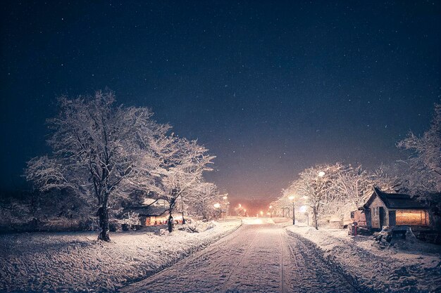 Piccola strada accogliente innevata d'inverno con luci nelle case, paesaggio notturno della città di neve che cade.