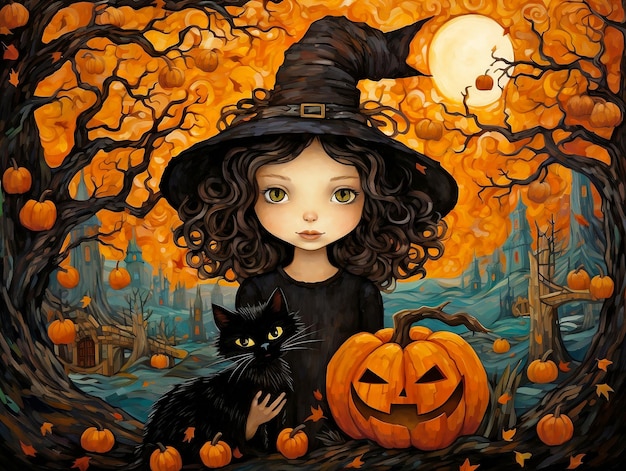 Piccola strega carina con gatto nero e zucche felice Halloween