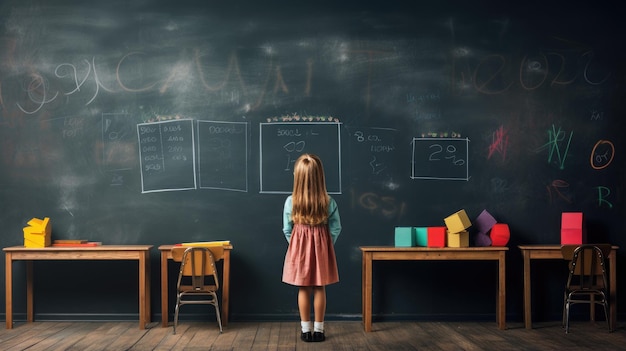 Piccola studentessa davanti alla lavagna con il concetto di tornare a scuola