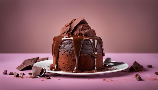 Piccola torta al cioccolato con salsa al cioccolato su un piatto isolato con sfondo rosa