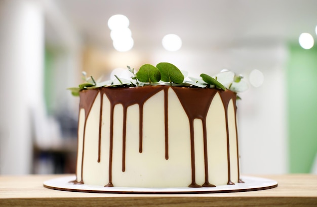 Piccola torta decorata con cioccolato e foglie verdi commestibili