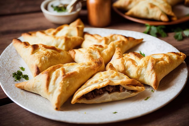 Piccola torta di carne lussureggiante sul piatto bianco sul tavolo