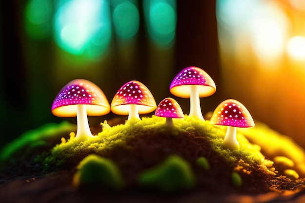 Piccola zona di funghi in una foresta Funghi che crescono luminosi Sfondo biologico scientifico