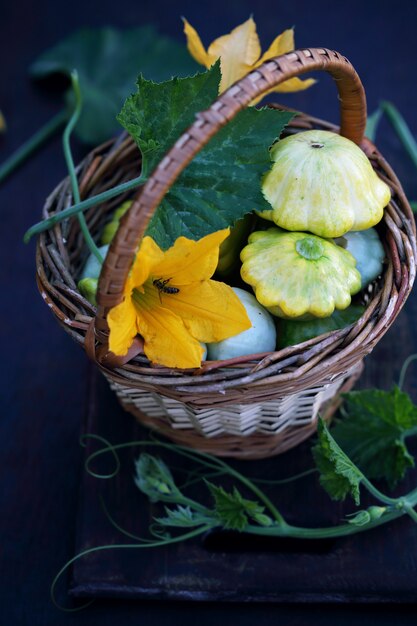 Piccola zucca in un cestino su un tavolo scuro