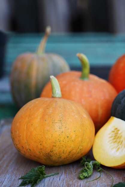 Piccola zucca su un tavolo di legno. Ancora