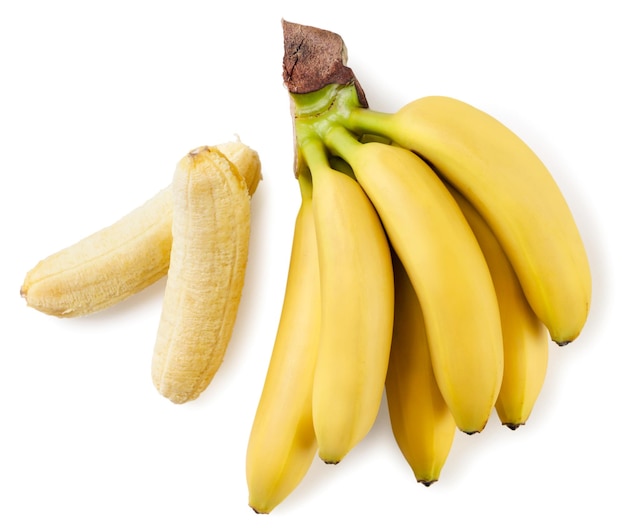 Piccole banane e sbucciate su sfondo bianco Vista dall'alto