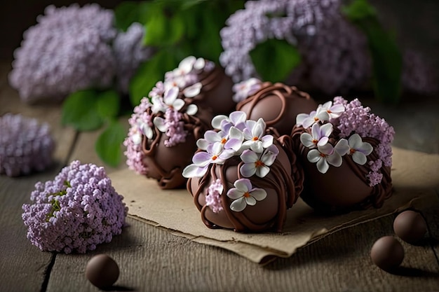 Piccole ciambelle al cioccolato con bouquet di fiori lilla come caramelle