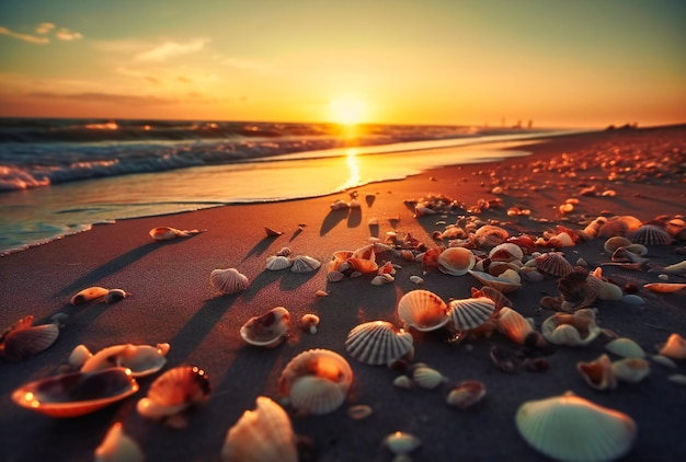 Piccole conchiglie e alba su una spiaggia assolata