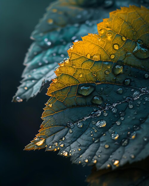 Piccole d'acqua su una foglia fotografate