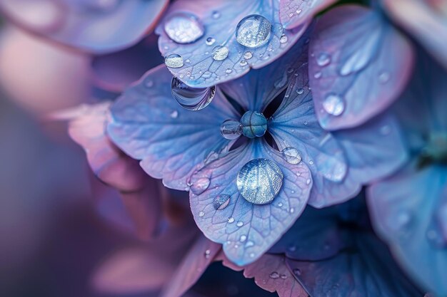 Piccole d'acqua sui fiori dell'ortensia blu