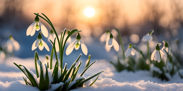 Piccole di neve nella neve prima primavera fiori selvatici effetto bokeh messa a fuoco selettiva