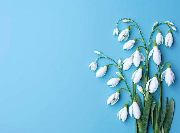 Piccole di neve su uno sfondo blu fiori primaverili vicino spazio di copia pianeggiante