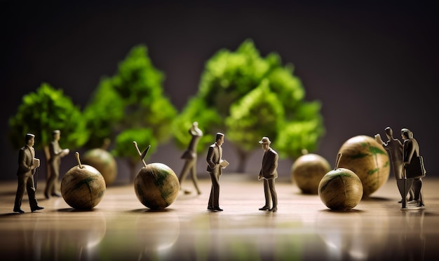 Piccole figure di persone Uomini d'affari in miniatura tra i frutti artificiali Alberi verdi sullo sfondo in sfocatura IA generativa