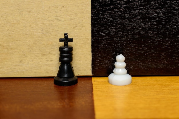 Piccole figure di scacchi - re nero e pedone bianco. Concetto di passione, leadership, difesa.