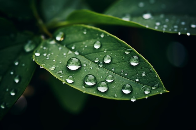 Piccole gocce di pioggia che cadono sulla foglia verde in uno stile ispirato alla natura serena pianta dopo la pioggia all'aperto