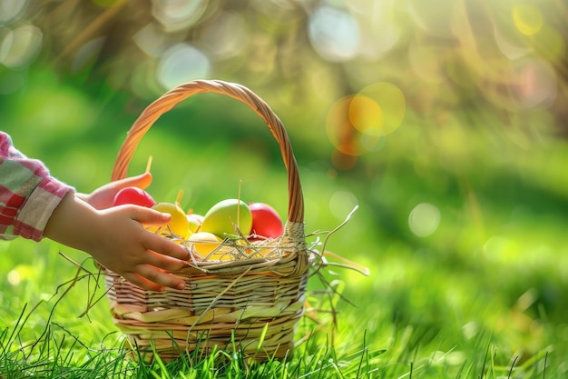 Piccole mani di ragazza tengono il cesto di Pasqua su Sunny Loan Grass verde sfocato sullo sfondo Cesto di uova di Pasqua