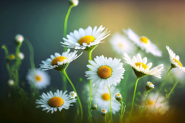 Piccole margherite bianche e camomilla su steli sottili su sfondo sfocato di campo verde