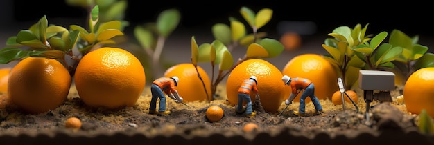 Piccole persone che lavorano sulla frutta Sfocatura dello sfondo in miniatura