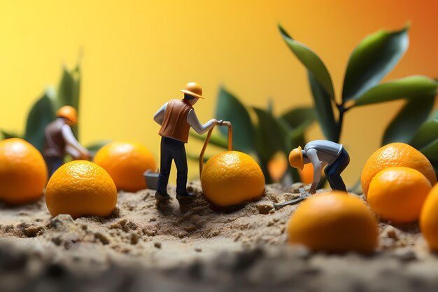 Piccole persone che lavorano sulla frutta Sfocatura dello sfondo in miniatura