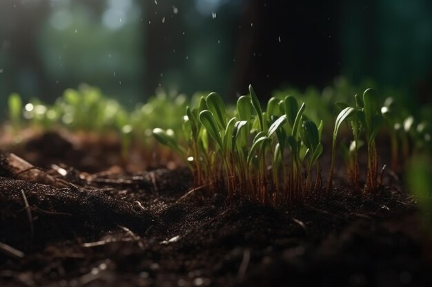Piccole piante che crescono nel suolo sfondo bokeh IA generativa