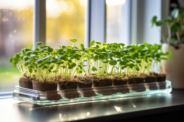 Piccole piante giovani conosciute come microgreen poste su uno scaffale vicino a una finestra in un ambiente residenziale