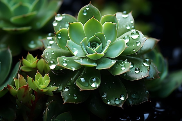 piccole piante grasse verdi in gocce d'acqua su ogni foglia