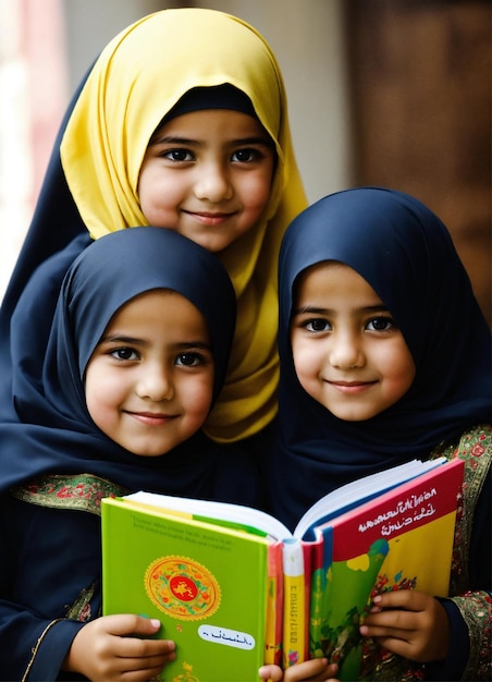 Piccole ragazze musulmane turche Queste ragazze hanno un libro scolastico migliorato con sfondo bianco