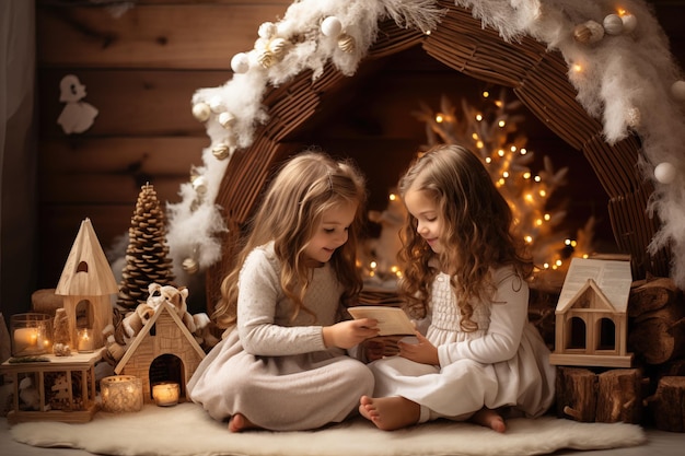 Piccole ragazze su uno sfondo invernale di Natale decorato