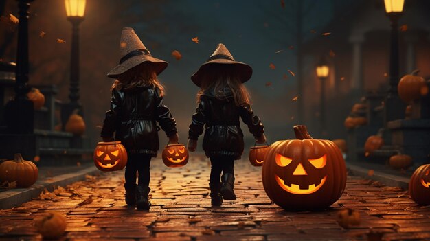 Piccole ragazze vestite con costumi di Halloween che camminano per strada immagine arte generata dall'IA