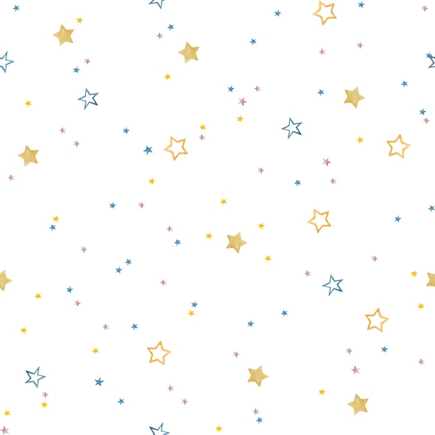 Piccole stelle carine disegno senza cuciture Piccole Stelle carine giallo rosa e blu Illustrazione ad acquerello in stile digitale Disegno di clip baby isolato su sfondo bianco