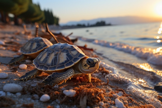 Piccole tartarughe sulla spiaggia al tramonto Giornata internazionale della protezione delle tartarogne