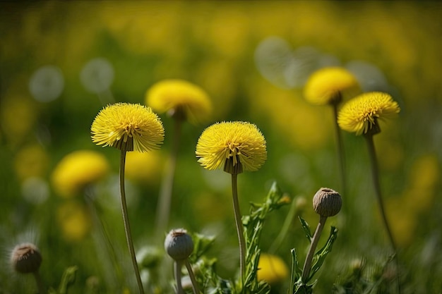 Piccole teste di tarassaco gialle nel prato fiorito in primavera create con ai generativo