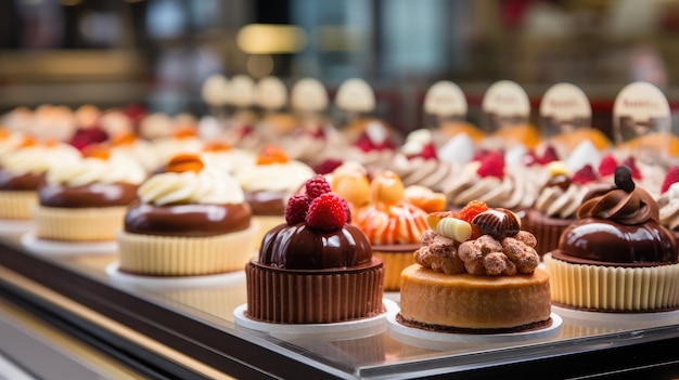 Piccole torte in esposizione al bancone della pasticceria