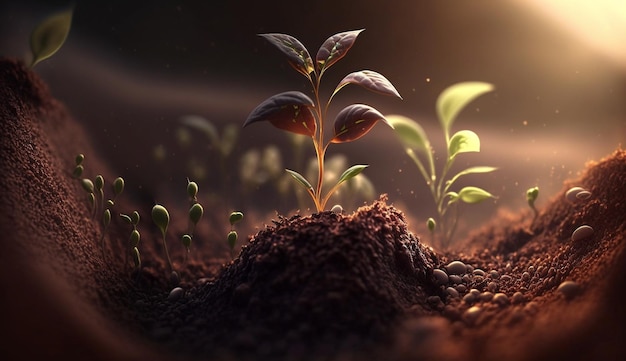 Piccoli alberi che crescono su un terreno fertile in natura e alla luce del mattino