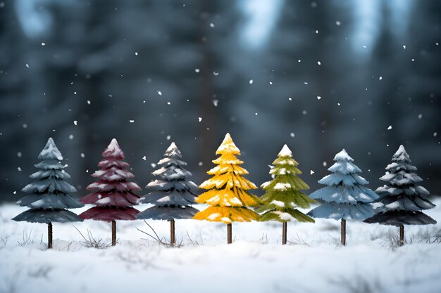 Piccoli alberi di Capodanno in miniatura colorati sfondo blu nevicato