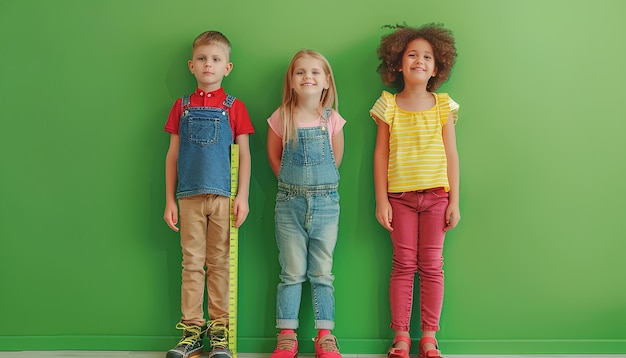 Piccoli bambini carini che misurano l'altezza vicino al muro verde