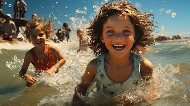 Piccoli bambini gioiosi felici che giocano nell'acqua nuotano nel mare fiume lago sorridendo