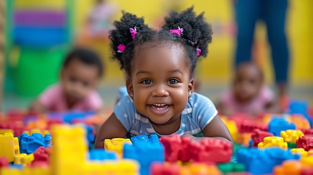 Piccoli bambini neri giocano con blocchi e giocattoli in un asilo nido con un grande spazio vuoto