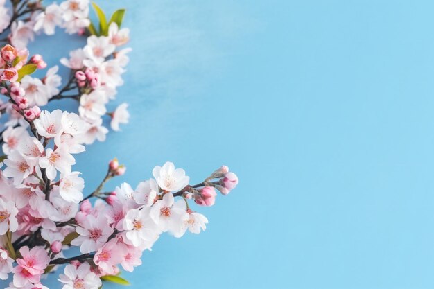 Piccoli bellissimi fiori su uno sfondo pastello blu con spazio per la copia