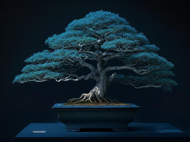 piccoli Bonsai di alberi Bakul blu sfondo scuro
