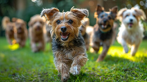 Piccoli cani Jack Russell Terrier stanno correndo attraverso un prato verde e si divertono molto