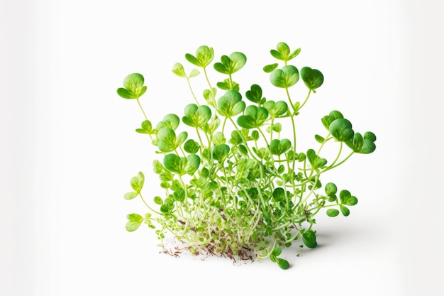 Piccoli ciuffi di delicati microgreens sottili su sfondo bianco