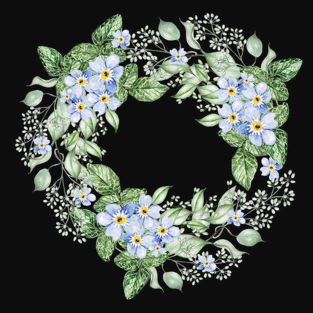 Piccoli fiori blu e foglie di eucalipto Corona nuziale floreale