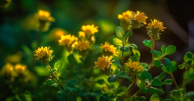 Piccoli fiori gialli alla luce del sole su sfondo verde