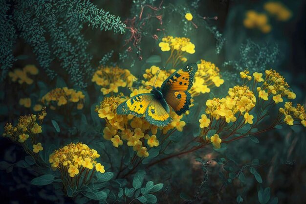 Piccoli fiori gialli di giardino forestale e farfalla su di essi