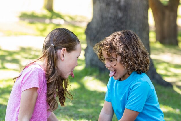 Piccoli fratelli che fanno facce buffe alla macchina fotografica