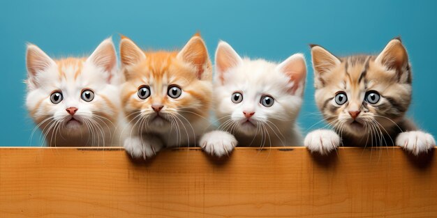 Piccoli gattini sorpresi sbirciano su uno sfondo blu