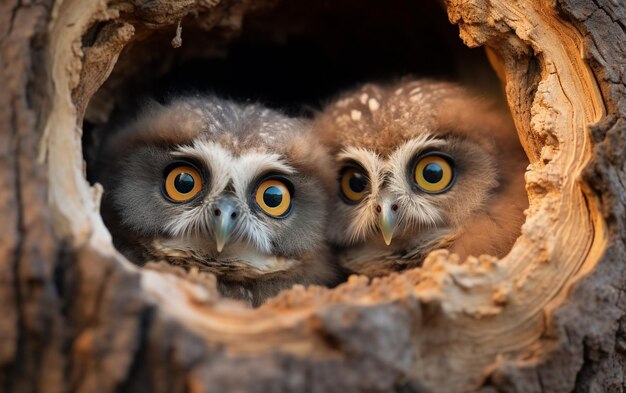 Piccoli gufi nella caverna degli alberi