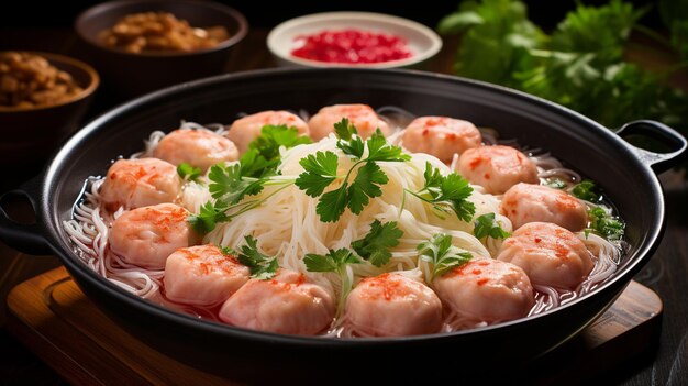 Piccoli noodles di riso piatti con palline di pesce e palline di gamberi in zuppa rosa yen ta quattro o yen ta fo come