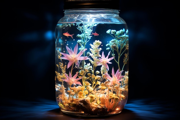 Piccoli pesci che nuotano su un barattolo con bellissimi fiori come decorazione e luce di illuminazione al neon